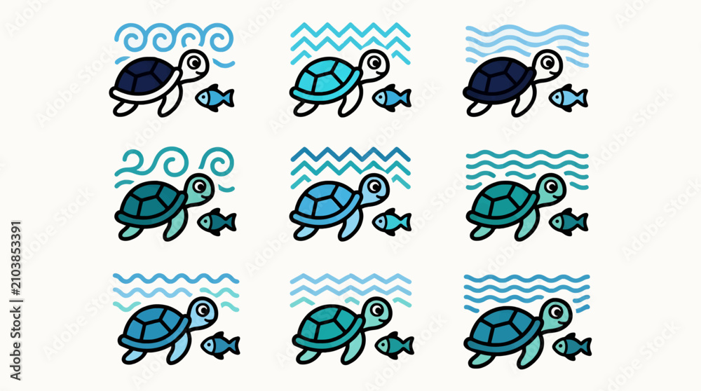 Obraz premium Cute Flat Vector Sea Turtle and Small Fish Icons with Stylized Waves, Set of Nine Variations in Blue and Teal Tones, Simple Marine Life Graphics