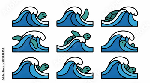 Tableau sur toile Cute Sea Turtle Playing Peek-a-Boo in Blue Ocean Waves, Flat Vector Illustration