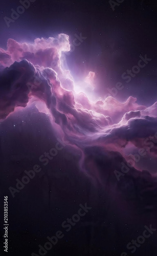 Ethereal Cosmic Nebula Cloud Featuring Vibrant Purple and Violet Gas Clouds Glowing in Deep Space