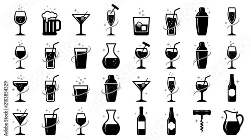 Set of minimalist black beverage icons featuring cocktails wine beer and spirits on white background, representing professional drink menus, Symbolizing hospitality service for bars