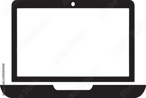 Minimalist black laptop computer silhouette icon representing digital technology and modern communication tools for interface design with featuring simple flat design prominent screen base, electronic