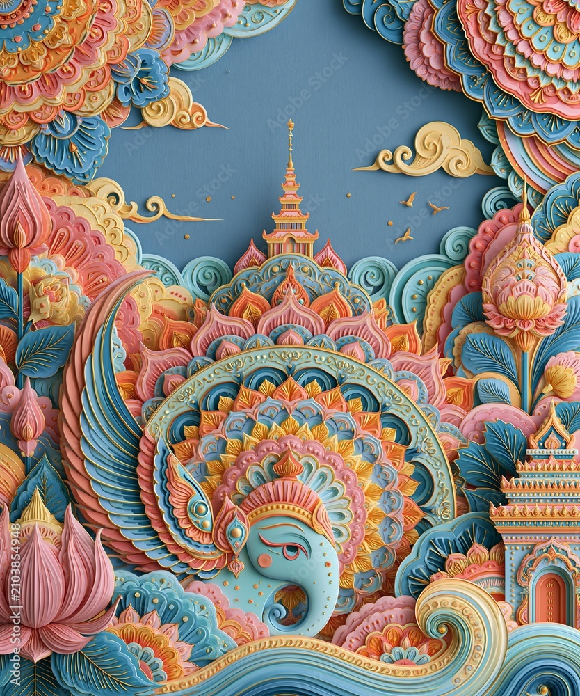 Obraz premium Vertical intricate paper emboss art of vibrant Asian elephant with mandala detail in tranquil setting for mindfulness and meditation aesthetics