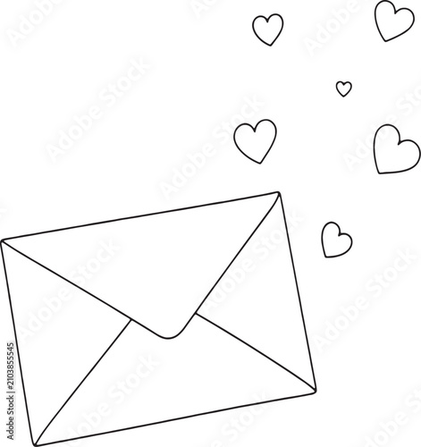 Minimalist line art envelope surrounded by floating hearts representing romantic correspondence with conveying simple aesthetic romantic themes, illustration sealed paper, heart symbols conveying