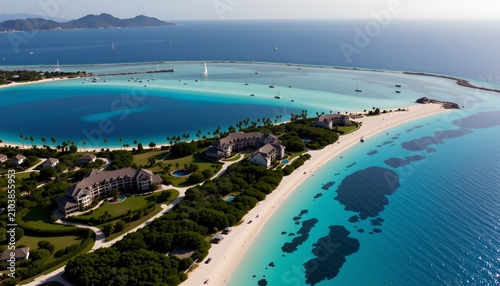 The image depicts an expansive coastal area with a curved sandy beach lined with lush greenery and several large buildings, possibly resorts