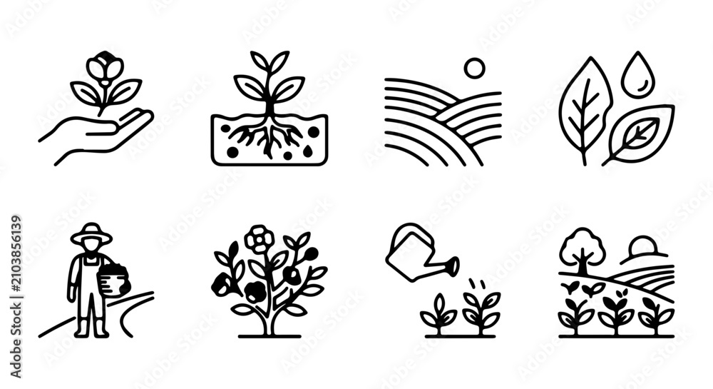 Fototapeta premium Agriculture Icons Set, Farming Vector Graphics, Organic Growth Symbols, Garden Plant Care