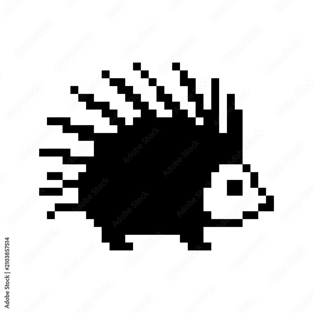 Fototapeta premium Black and white pixel art stylized hedgehog icon.