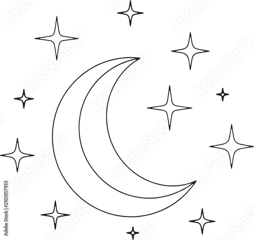 Black outline illustration of crescent moon with scattered stars on white background with surrounded scattered four, line drawing crescent, simple black, constellation, minimalist, decoration, graphic