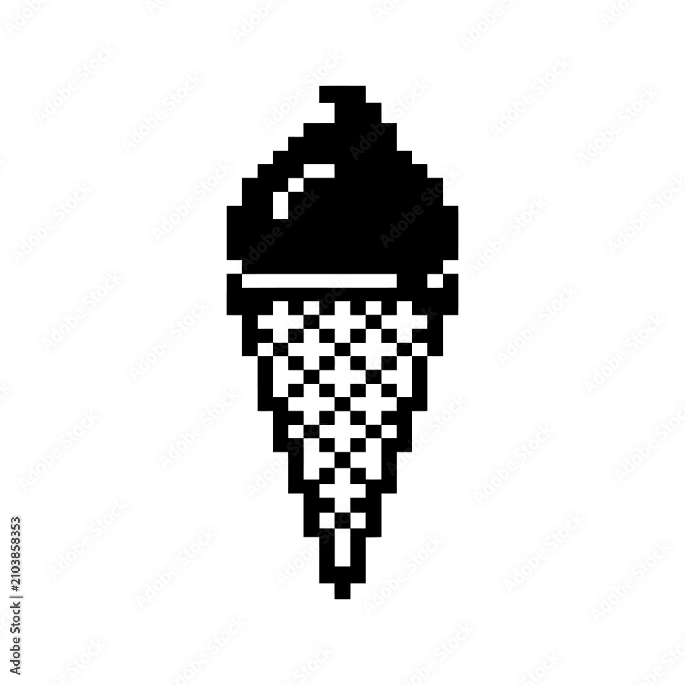 Fototapeta premium Black pixel art double scoop ice cream cone.