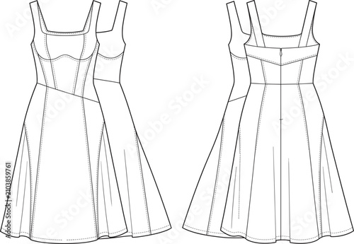 Fotografía Technical midi dress fashion flat sketch panelled corset bodice flared skirt tem