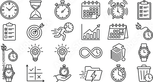 Vector collection of black line art time management productivity and deadline icons isolated on white background for design