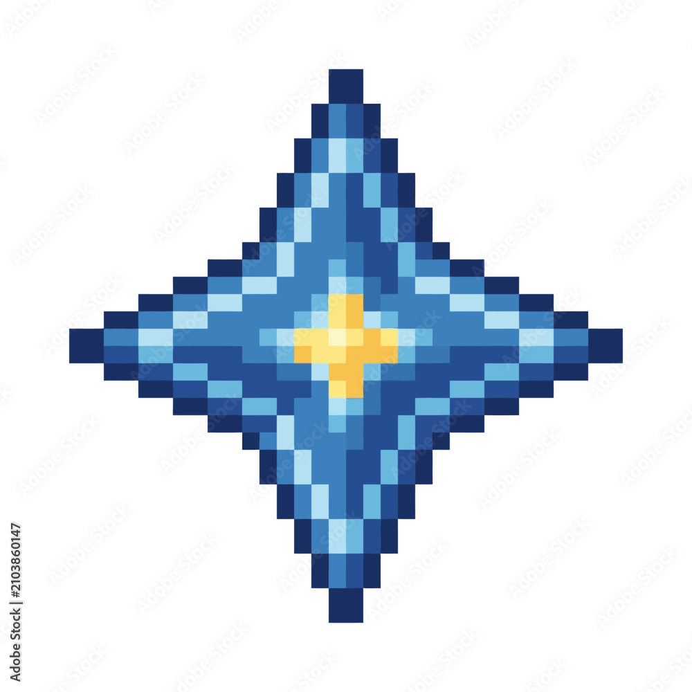 Fototapeta premium Blue and yellow four-pointed pixel star.