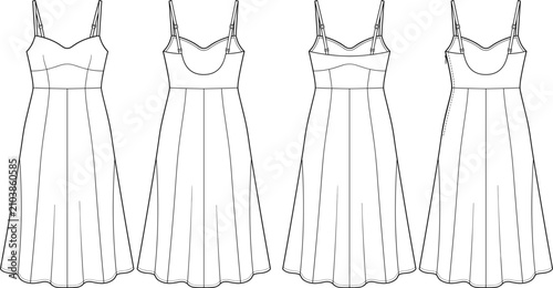 Quadro su tela Women slip midi dress fashion technical flat sketch template vector panelled swe