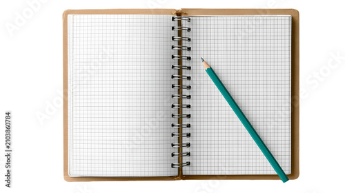 An open notebook with a green pencil resting on its pages, symbolizing creativity, learning, and the potential for new ideas on a transparent background