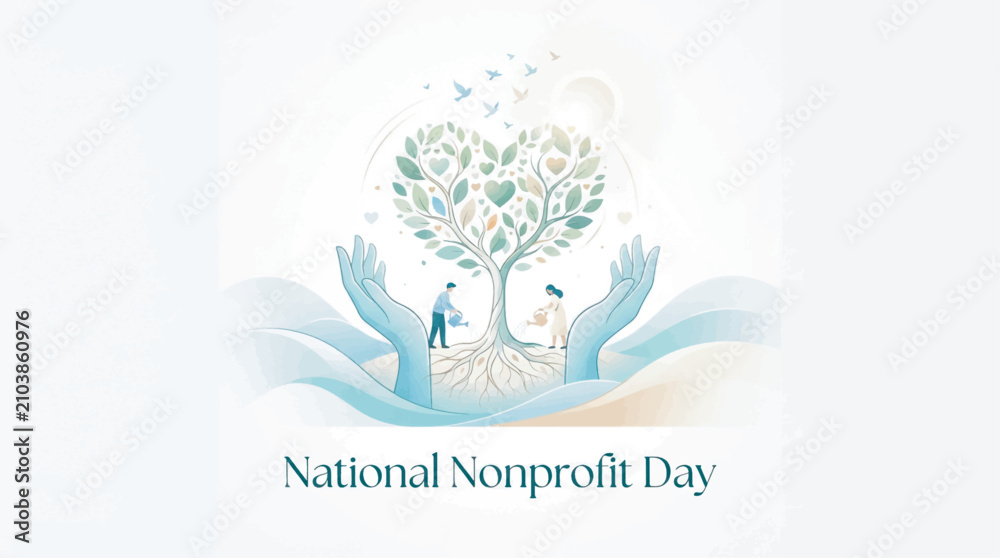 Obraz premium Illustration of two people and a heart-shaped tree held by large hands with text 'National Nonprofit Day', featuring leaves, birds, and soft blue and green colors.