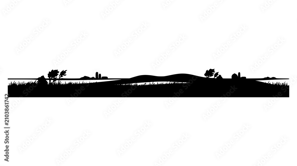 Obraz premium Rural Farm Landscape Silhouette with Grass and Hills