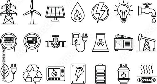 Vector collection of black line art energy power utility and sustainability icons isolated on white background for designs