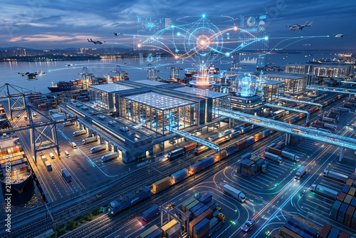 Smart maritime port container terminal at night with digital global grid lines
