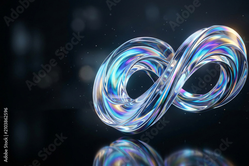 Abstract chrome metallic fluid infinity loop sculpture on dark studio background