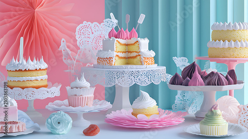 A Delightful Pastel Celebration Display Featuring Gourmet Cakes Cupcakes and Artistic Confections for a Festive Dessert Party Table Setting