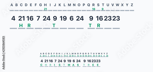 Fotografía Christmas tree cryptogram puzzle, green and gray design, holiday word game with