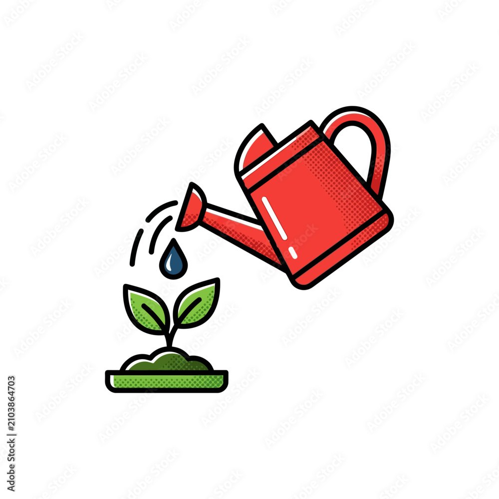 Obraz premium Comic style watering can with seedling.