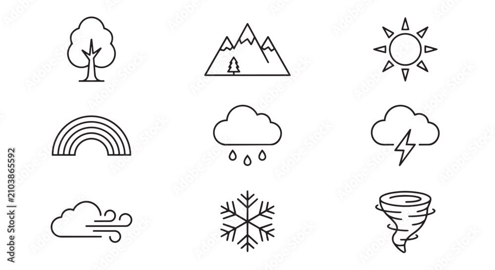 Obraz premium Weather phenomena and natural element line icons collection with meteorology environment forecast elements mountain