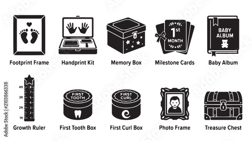 Принти на полотні Baby memory keepsake icons set, 10 black silhouette newborn milestone elements,