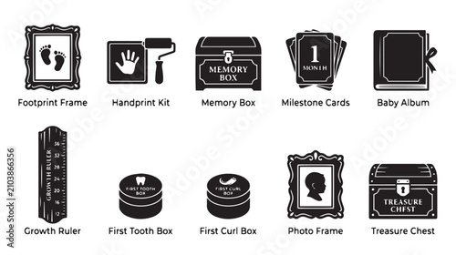 Konstfotografi Baby memory keepsake icons set, newborn milestone collection with 10 black vecto