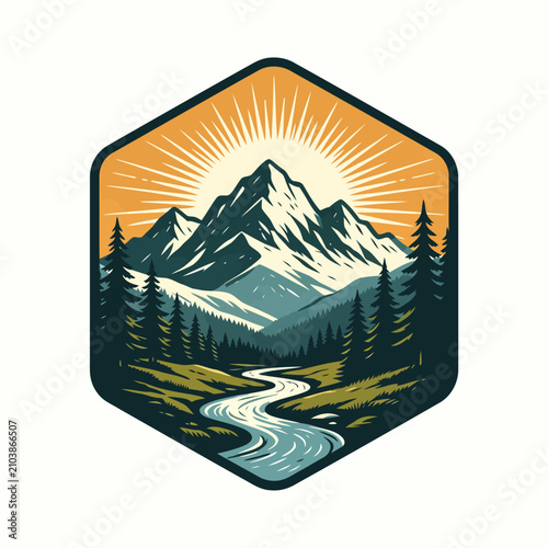 Retro hexagonal mountain landscape badge featuring a winding river, pine trees, and sunrise rays, vector illustration.