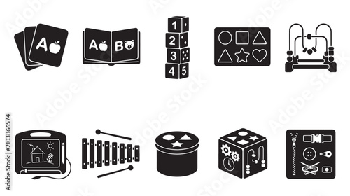 Educational baby toys icon set, 10 black solid vector symbols for early childhood development, preschool learning tools and sensory play equipment