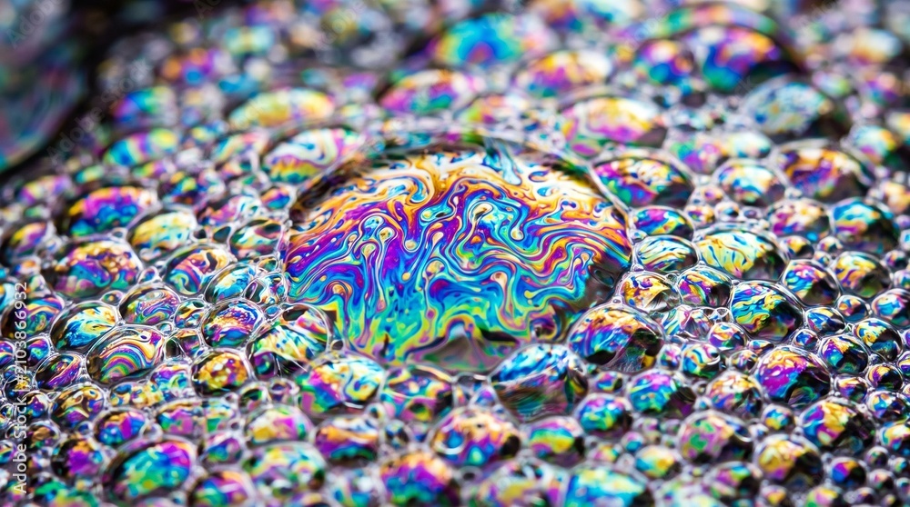 Obraz premium Colorful oil drops on water with rainbow light reflection and abstract circular patterns