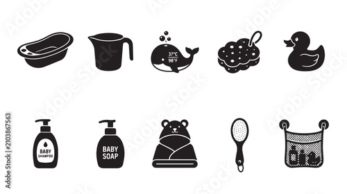 Canvastavla Baby bath time icon set, 10 black silhouette infant hygiene symbols, newborn bat