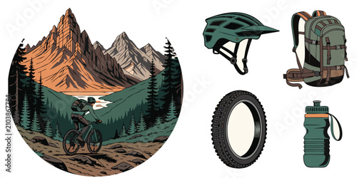 Bild auf Leinwand Mountain bike backcountry tour vector kit with cyclist descending trail green helmet hiking backpack tire and flask