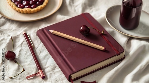 Stylish Burgundy Journal with Cherries on Minimal Desk