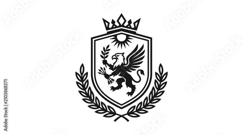 Heraldic griffin emblem inside a shield with crown and laurel wreath.