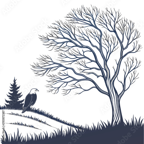 Black and white of a bird perched on a tree branch in a forest silhouette
