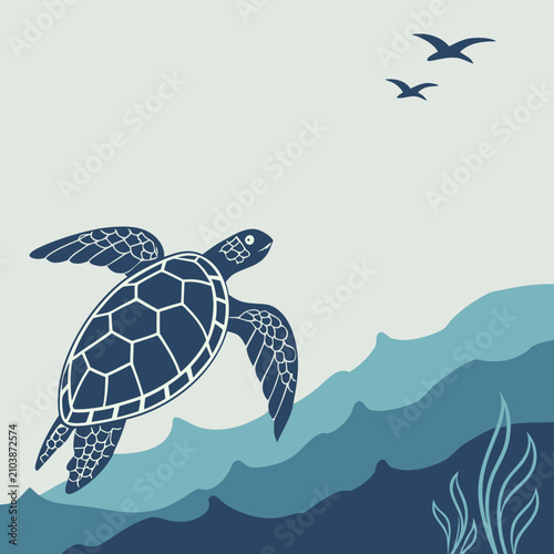 Blue and white geometric honeycomb pattern with flying birds in sky background