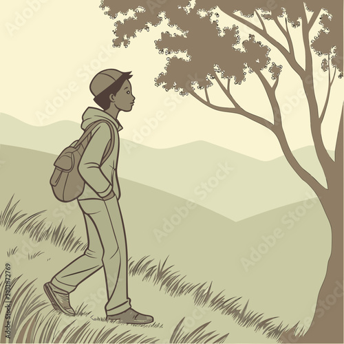 Woman in green dress with black hat standing on grassy hillside with tree silhouettes and sun flare background