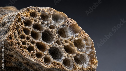 Macro Cross Section of Fossilized Coral Skeleton with Intricate Calcite Chambers