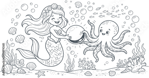 Bilde på lerret Abstract Friendly Mermaid and Octopus Exchange a Pearl: A charming mermaid with flowing hair and a regal shell crown playfully exchanges a glowing pearl with a happy