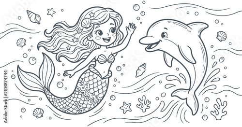 Schilderij op canvas Abstract A Magical Friendship Under the Sea: A whimsical illustration of a joyful mermaid and a friendly dolphin playing together amidst the underwater world