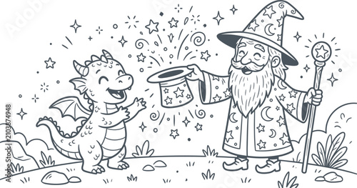 Foto Abstract Wizard's Magical Surprise: A friendly wizard with a pointy hat and starry robe conjures a dazzling magic show for a cheerful baby dragon