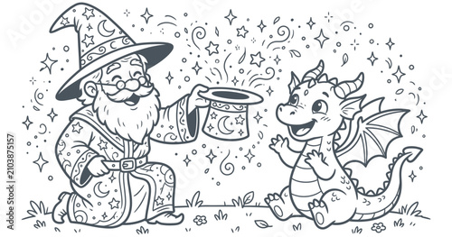 Foto Abstract Magic of Friendship: A whimsical wizard with a starry hat conjures a sparkling surprise for a cute baby dragon, symbolizing the wonder of magical friendship and imagination