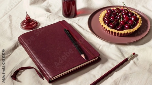 Creative Workspace with Burgundy Notebook and Fresh Cherries