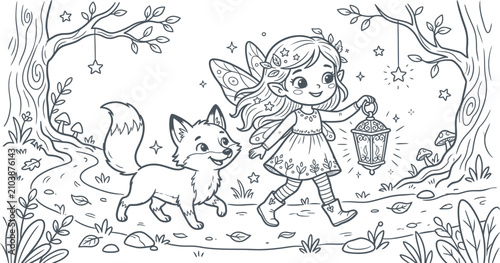 Abstract Fairy and Fox in Enchanted Forest: A whimsical illustration of a cute fairy with butterfly wings holding a lantern, walking alongside a friendly fox in a magical, star-lit forest path.