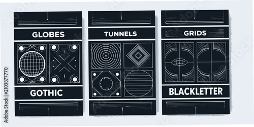 Tableau sur toile Geometric poster designs with globes tunnels and grids vector illustration