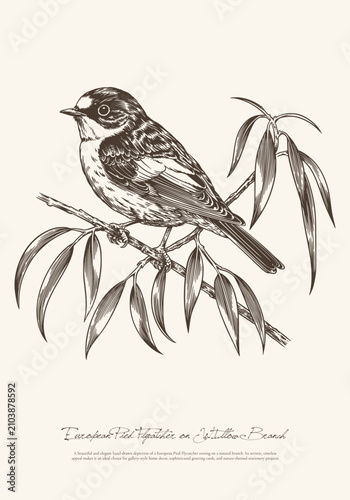 Elegant Hand Sketched Pied Flycatcher Bird Art for Home Decor