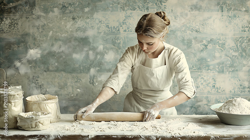 Young woman in apron kneading fresh dough with a wooden rolling pin in a rustic kitchen setting with flour on a table