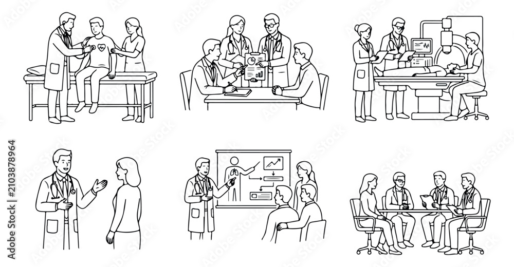 Obraz premium Medical line art vector set of doctors and patients, healthcare professionals in hospital scenes, clinical consultation and surgery illustrations