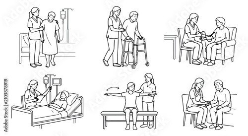 Elderly patient care line art vector set, nurse assisting senior citizens in hospital, geriatric physical therapy and medical checkup illustrations